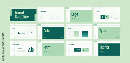 Brand guidelines template, Landscape brand identity presentation, Mint and dark green, modern and clean design, Logotype guidelines template for eco, sustainable, tech startup