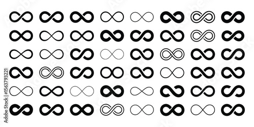 Black infinity symbols collection in various vector styles on white background, ideal for logo design, branding elements, and mathematical or conceptual representation