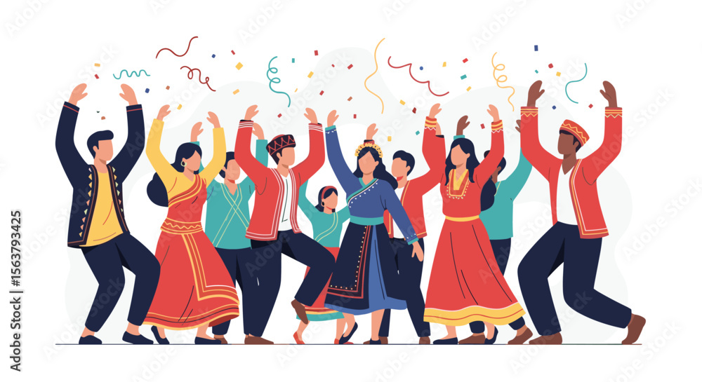 A Diverse Group of People in Traditional Clothing Dancing Together Merrily Under Confetti A Diverse Group of People in Traditional Clothing Dancing Together Merrily Under Confetti