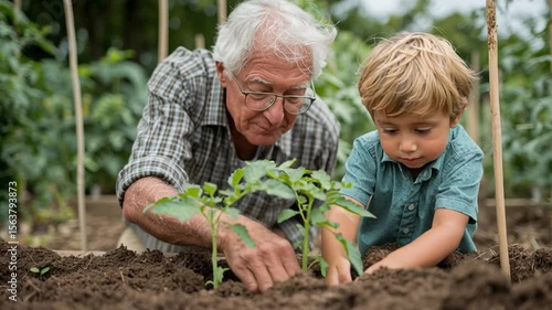 wide shot, elderly man gardening with grandson, learning moment, sunshine, bonding