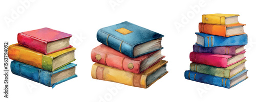 Set of stacks of books watercolor png. Cute cartoon books stacked on top of each other. Concept of library, study. school etc. Cute cartoon books. Vector illustration.
