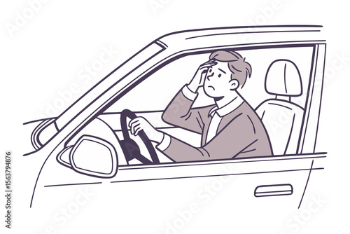 Frustrated man sitting in car holding his head in despair and looking stressed while driving