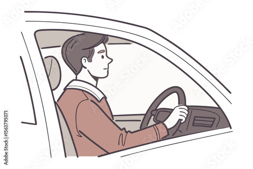 A young man with brown hair and a brown jacket is driving a car holding the steering wheel with both hands