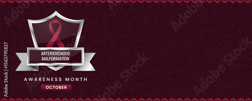 Arteriovenous Malformation Awareness Month banner, with burgundy ribbon, shield and space for text.