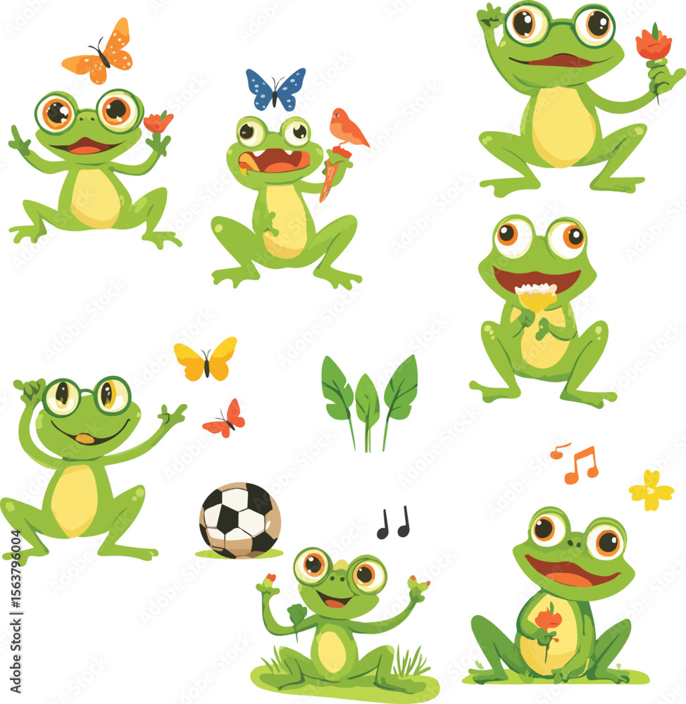 Obraz premium A fun, cute vector illustration of a set of cheerful green cartoon frogs with big smiles