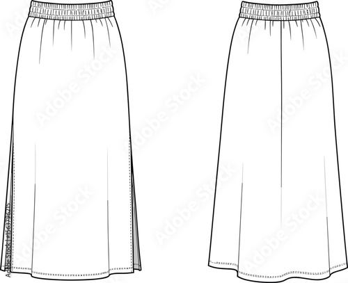 Technical sketch of two midi skirts front and back view, elastic waistband with side slit detail, fashion template, garment design illustration