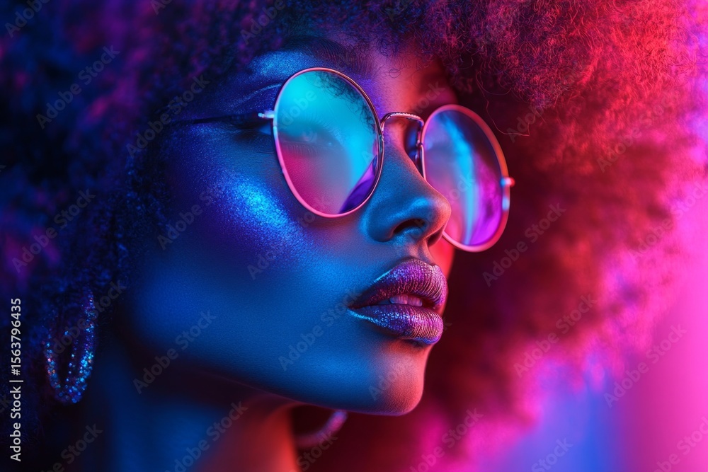 Close-up portrait of a fashion model with afro hair and glitter makeup posing under blue and pink neon lights wearing sunglasses Close-up portrait of a fashion model with afro hair and glitter makeup posing under blue and pink neon lights wearing sunglasses