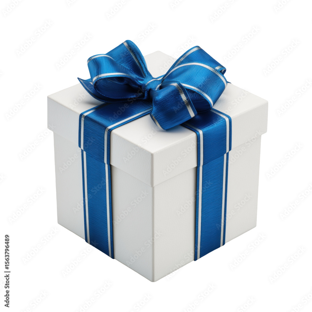 Obraz premium Elegant white gift box adorned with blue ribbon and bow for special celebrations