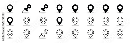 Location marker and map pin icon set with standard pins, circular markers, pushpins, and house shapes for navigation and web apps