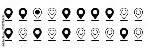 Location marker and map pin icon set with standard pins, circular markers, pushpins, and house shapes for navigation and web apps
