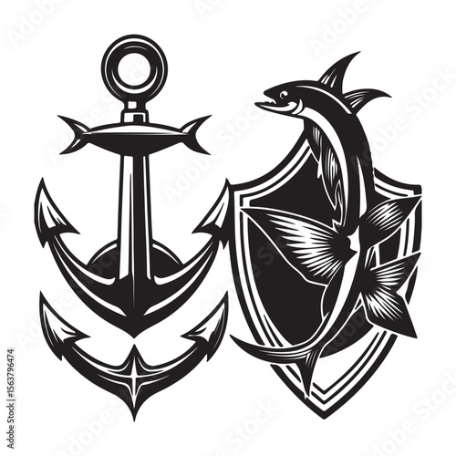 Anchor and marlin emblems design