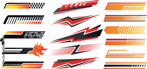 Motorsport and racing stripe design set featuring car competition visuals, flags, fast lines, and performance elements