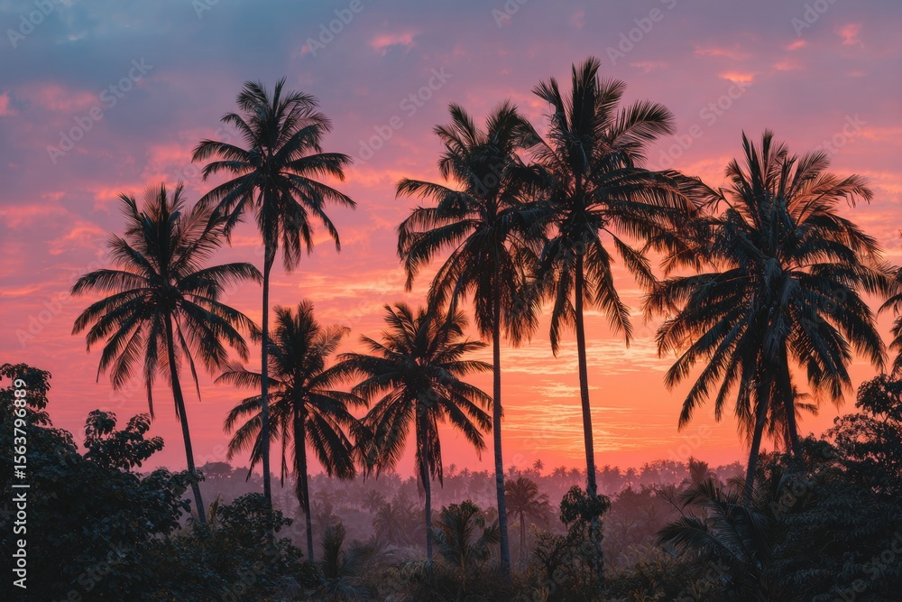Stunning sunset ocean scene featuring tall palm trees silhouetted against vibrant sky. Concept of sunset ocean embodies tranquility, warmth, and beauty of travel moments. Stunning sunset ocean scene featuring tall palm trees silhouetted against vibrant sky. Concept of sunset ocean embodies tranquility, warmth, and beauty of travel moments.
