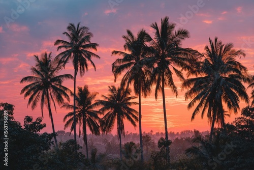 Stunning sunset ocean scene featuring tall palm trees silhouetted against vibrant sky. Concept of sunset ocean embodies tranquility, warmth, and beauty of travel moments.