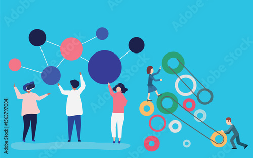 
Team collaboration and process flow icons representing communication, connection, and realization in a flat vector style