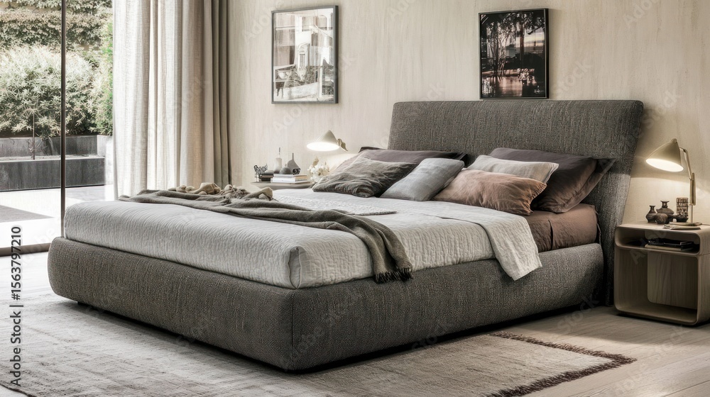 Fototapeta premium Modern gray upholstered bed in a bedroom setting.