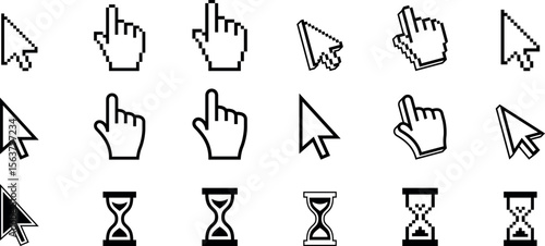 Pixel arrow and pointer hand icon set representing computer interface click elements in flat digital pixel art