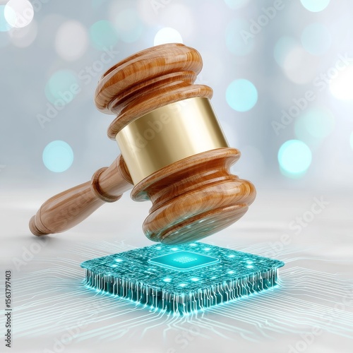 Judicial action on ai technology digital courtroom graphic design futuristic environment close-up view legal concept