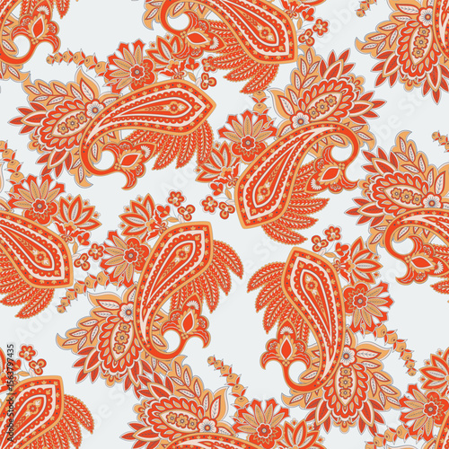 Paisley vector seamless design flowers and leaves in a batik-inspired style. Vintage fabric backdrop