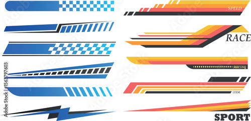 Racing car elements with checkered flags, speed stripes, finish line graphics, and motorsport labels in a dynamic vector style