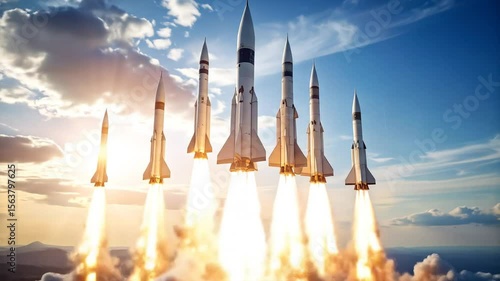 Multiple rockets launching into a partly cloudy sky