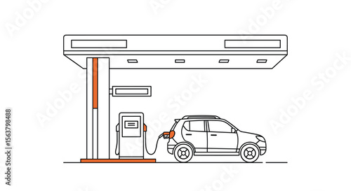 A vehicle is fueling up at a gas station with a canopy and a pump dispensing fuel into the car