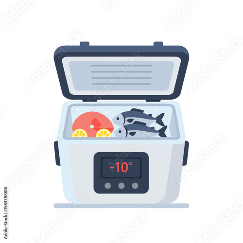Smart cooler full of freshly caught fish and fruits with temperature display  