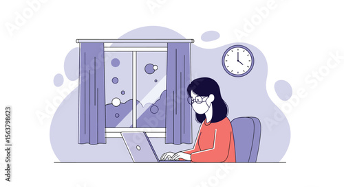 Young woman working diligently on her laptop at a desk near a window with curtains and a clock on the wall representing focused productivity at home or in an office environment