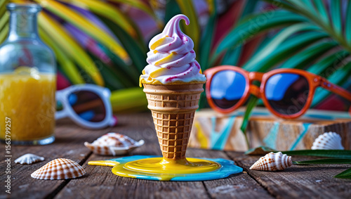 photo of a colorful ice cream cone held up under the bright summer sun