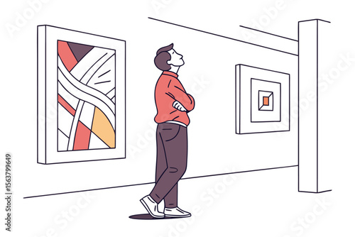 A person stands with arms crossed thoughtfully observing modern abstract art displayed on the white walls of a minimalist gallery