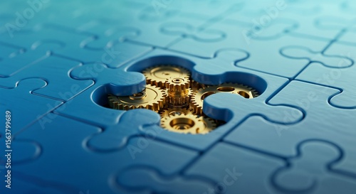 A close-up of a blue puzzle with a missing piece revealing golden gears in a creative and symbolic style  
