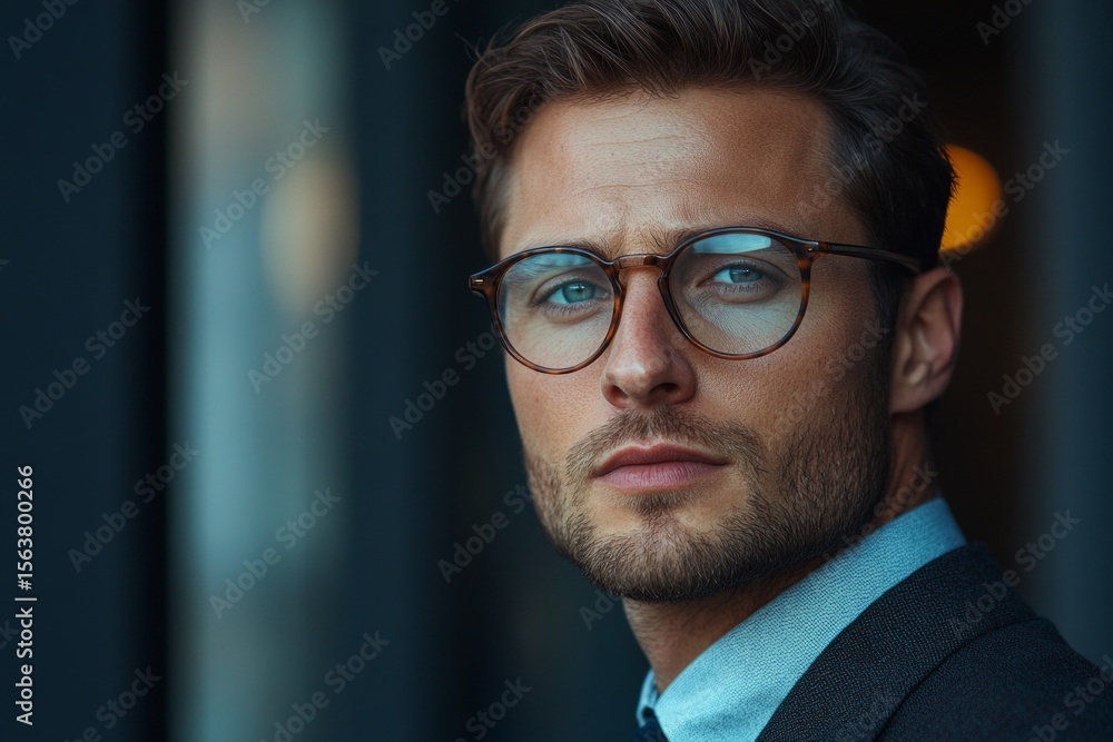Fototapeta premium Young businessman exuding confidence and style in a modern setting