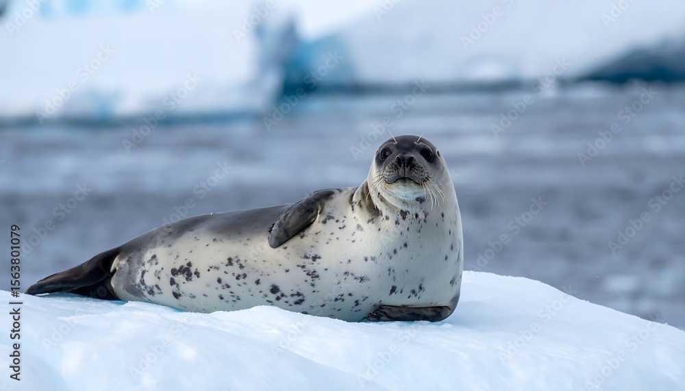Obraz premium Leopard seal resting on icy surface.
