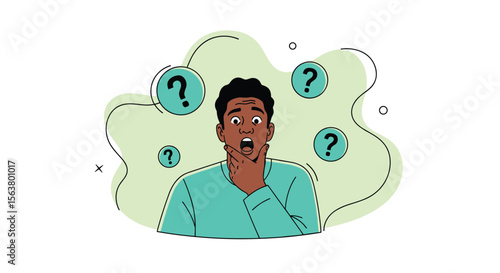 Young Man Looks Confused Surrounded by Floating Question Marks Illustrating Uncertainty and Dilemmas in Decision Making