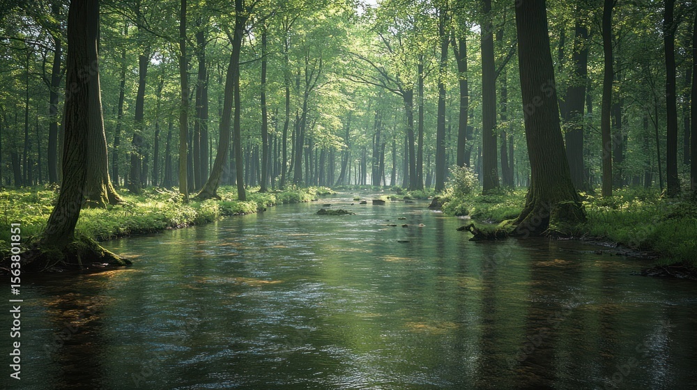 Fototapeta premium Tranquil forest stream. Lush greenery, sunlight filters through trees