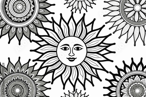 Black and White Sun Mandalas - Intricate Designs - Coloring Page Inspiration - Relaxing Art Therapy - Detailed Floral Patterns - Meditative Creativity - Artistic Background