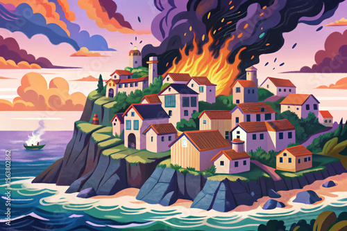 cliffside village engulfed in flames, overlooking a stormy ocean with crashing waves cartoon vector depicting a powerful clash of natural fury and human tragedy