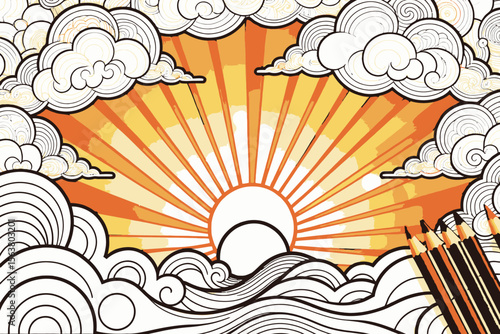 Coloring Page Fun-Ocean Sunset Scene with Clouds and Rays-Printable Art for Kids and Adults-Relaxing Activity-Creative Expression-Downloadable Illustration-Art Therapy-Stress Relief