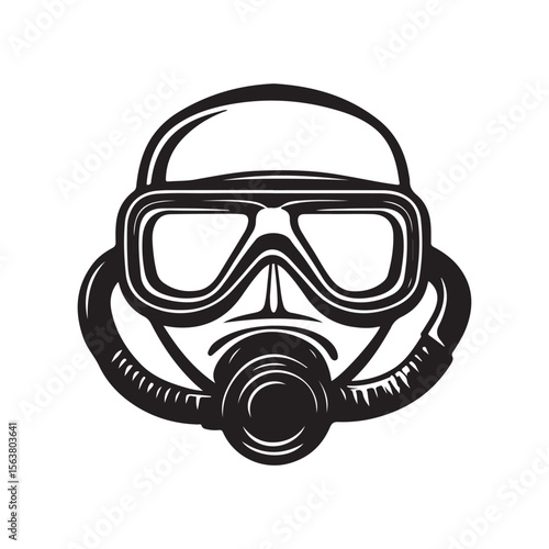 Black and white vector illustration of a scuba diving mask with a regulator, presented as a bold graphic design element or logo icon.