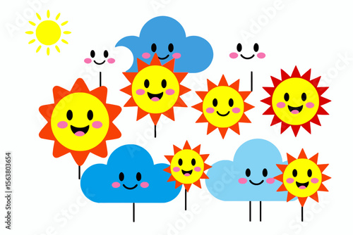 Cute Smiling Sun and Cloud Cartoon Characters-Happy Weather Illustration for Kids-Bright Yellow Sun and Blue Clouds Clipart-Summer Sky Graphic-Cheerful Weather Icons