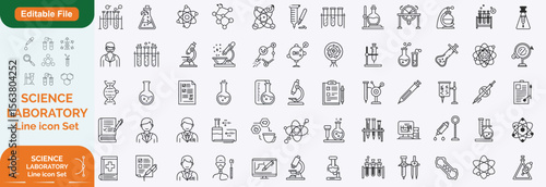 Laboratory and Science line editable icon set. Containing experiment, test tube, microscope, flask, chemical, biology, research, lab and more. Editable stroke. Vector illustration