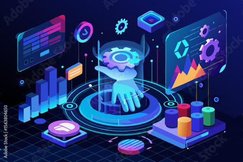Futuristic Technology Hand Interacting with Digital Gears and Data Visualizations