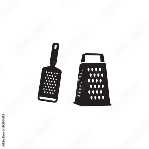 Two black kitchen graters one flat and one box shaped