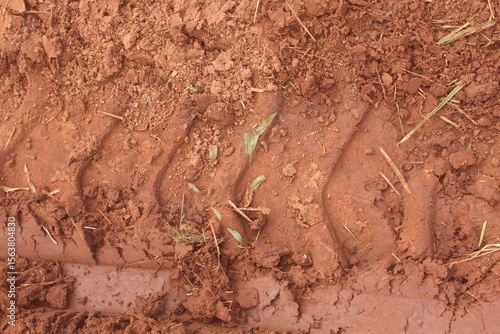 Close-up of moist soil with tire marks and bucket traces