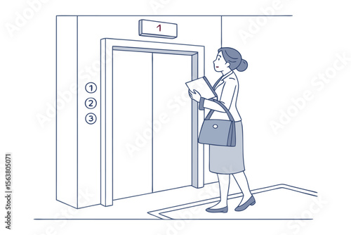 Professional woman with documents and handbag waits for elevator on a floor with numbered buttons indicating floor one