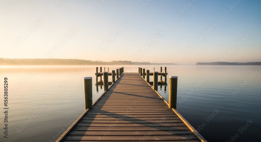 Fototapeta premium Wooden Pier Leading to Still Lake at Dawn – Tranquil Empty Space with Nature Focus