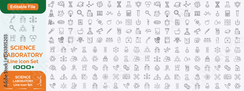 Laboratory and Science line editable icon set. Containing experiment, test tube, microscope, flask, chemical, biology, research, lab and more. Editable stroke. Vector illustration