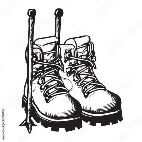 Black and white vector illustration of hiking boots with trekking poles, an outdoor adventure graphic design element on white background.
