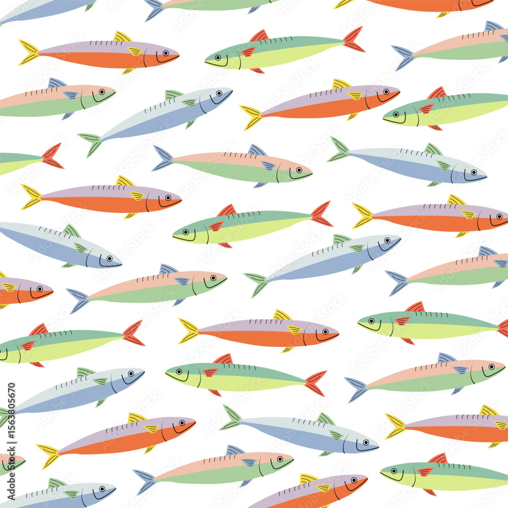 Naklejka premium Seamless pattern with hand drawn colorful sardines. Playful marine background. Mediterranean seafood wallpaper. Nautical ocean illustration for kitchen, packaging, summer coastal fabric.