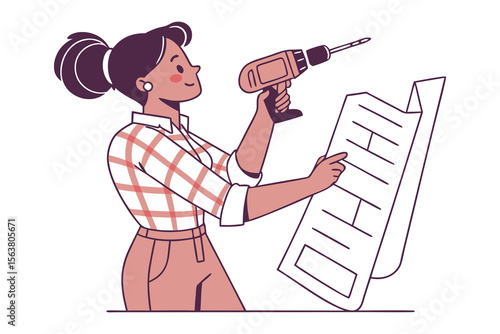 A focused woman with a ponytail and plaid shirt uses a cordless drill while reading instructions